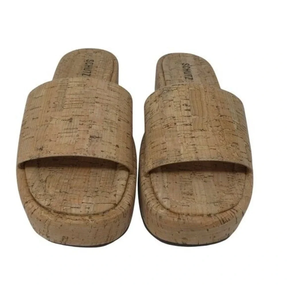Schutz Yara Flatform Slide‎ Sandals Women Size 10 Brown Cork Platform